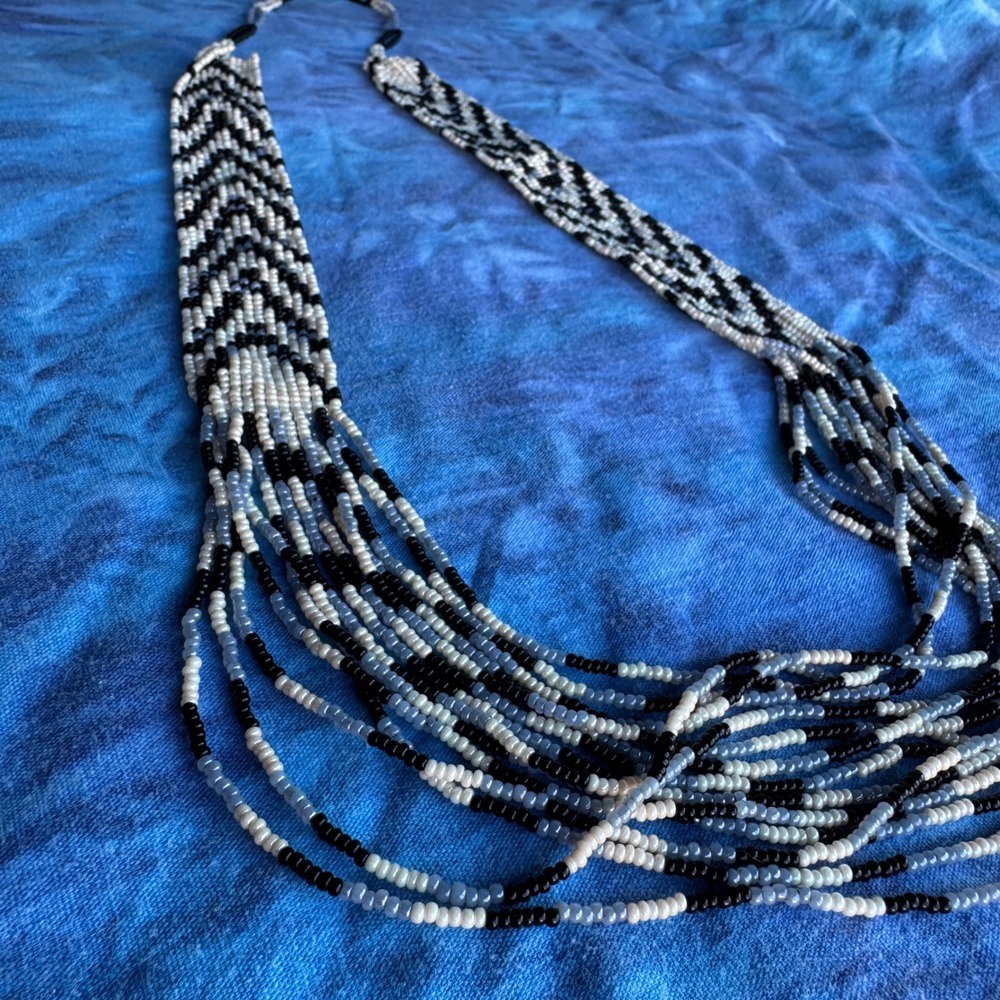 Vintage handmade Bead Necklace Black White Chevron Multi Strand Southwestern